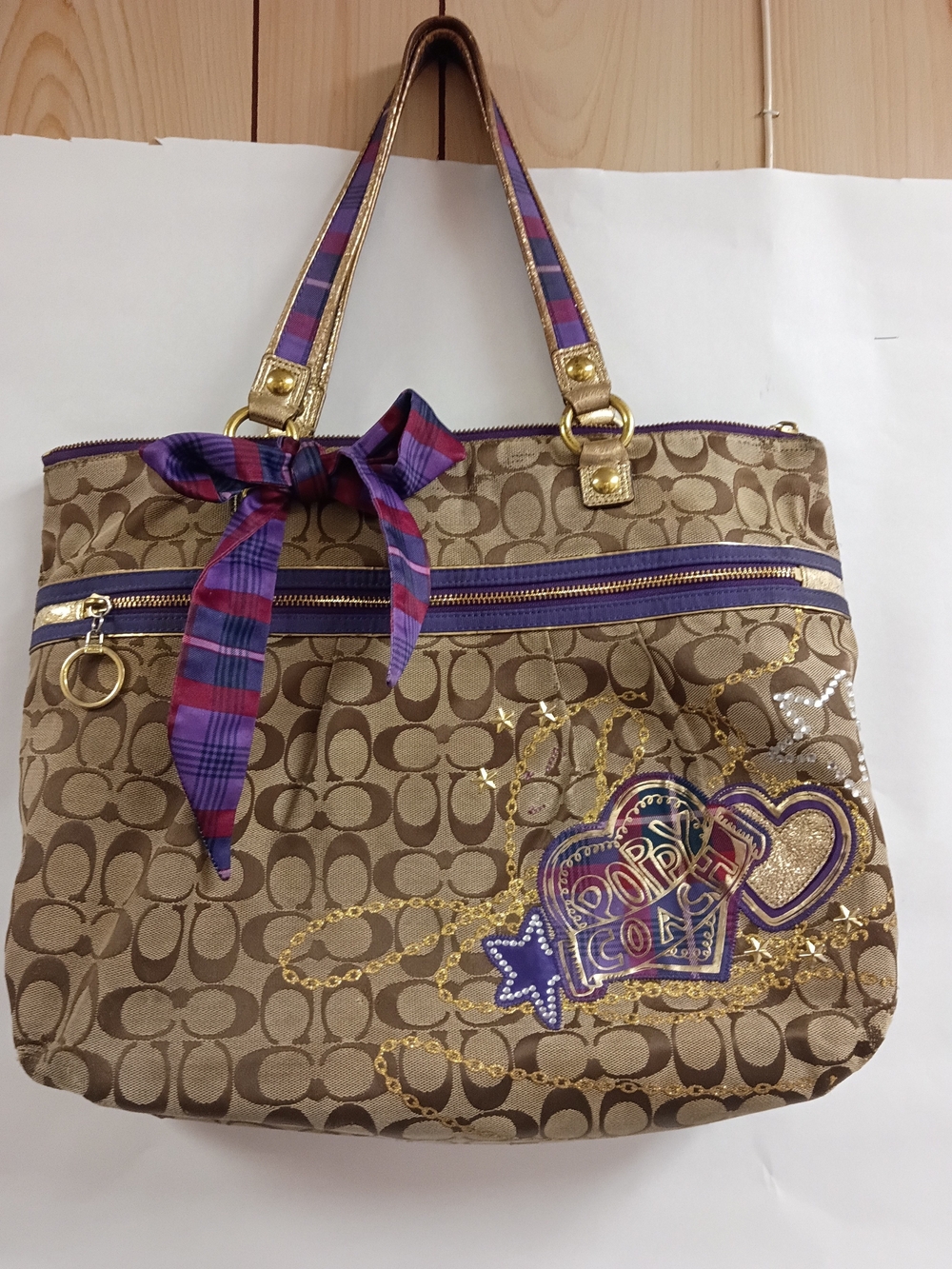Coach Beige Logo Tote with Purple Trim and Gold Hardware